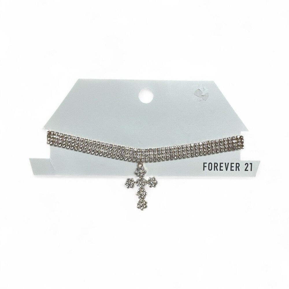 NEW Forever 21 Gold Tone Rhinestone Choker Necklace w/ Cross Pendant